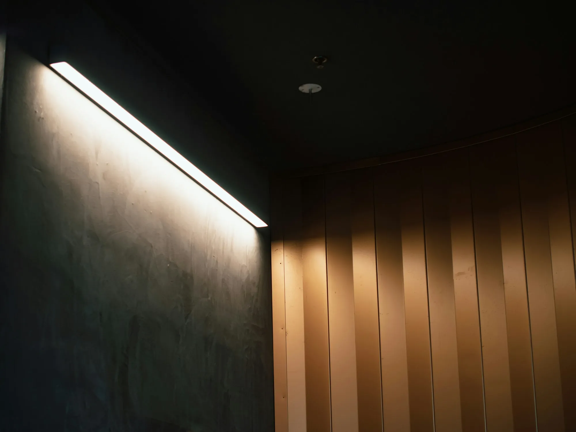 Linear ceiling light glowing above a wood-slatted wall