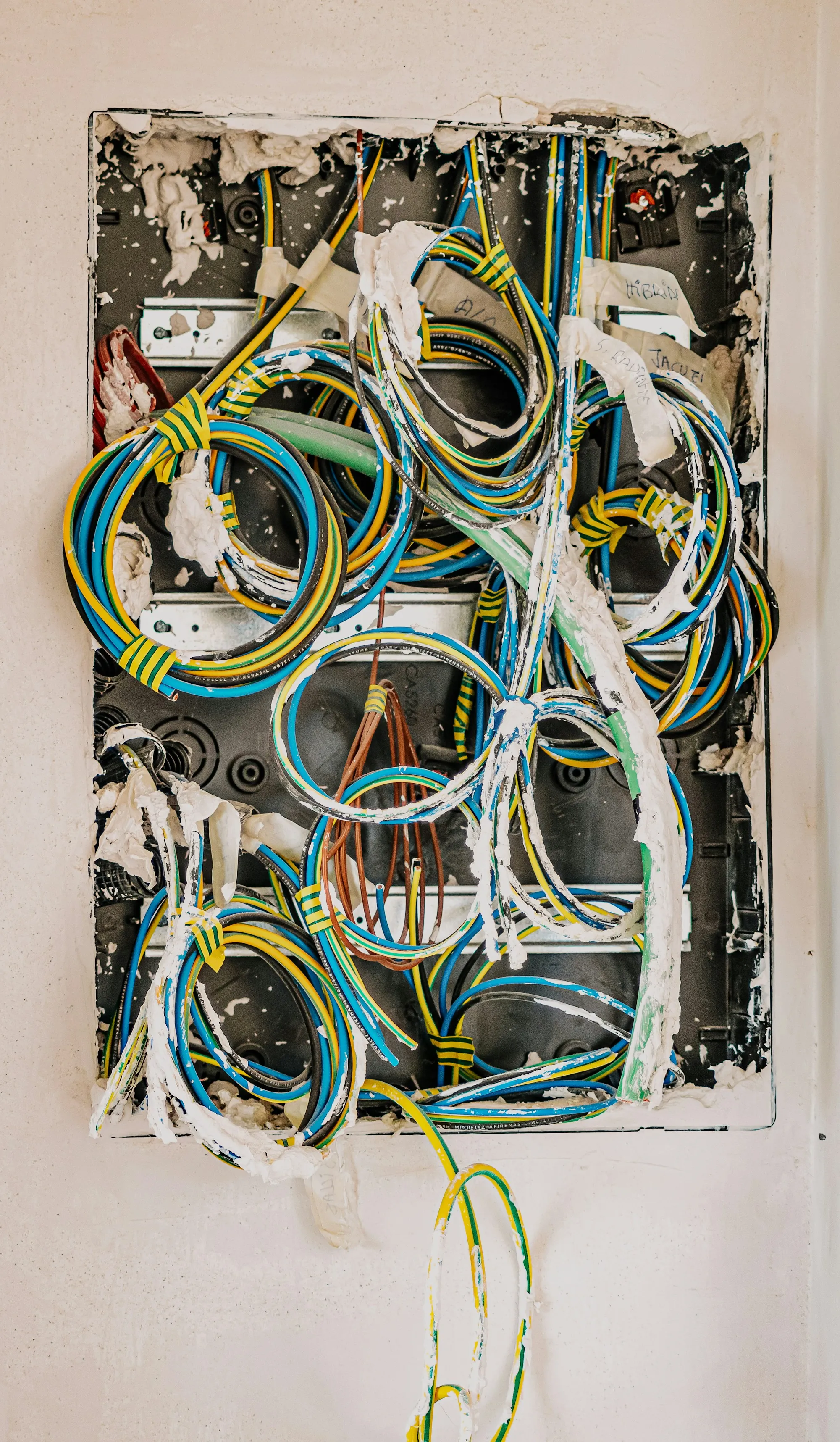 A wall box with electrical conductors emerging